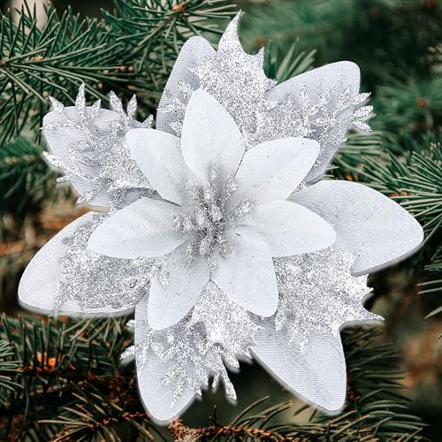 SITUMEIZI 24 Pcs Sliver Christmas Ornament Glitter Poinsettia Artificial Flowers 5.5" with Clips Fake Christmas Ornaments Xmas Tree Wreath New Year Decorations - color: Silver