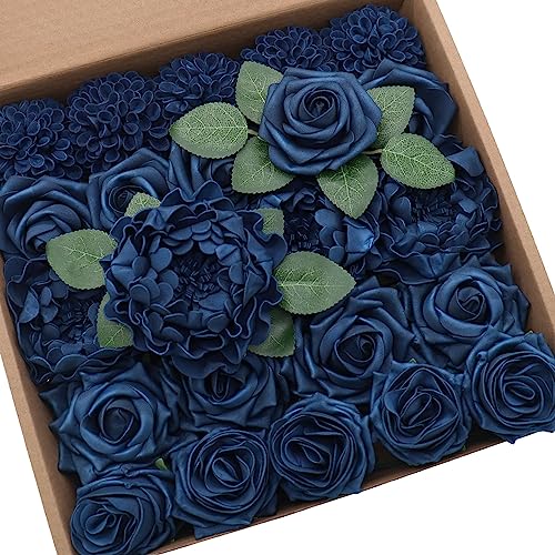 Navy Blue Artificial Flowers Combo Mixed Flowers with Stem for DIY Wedding Bouquets Centerpieces Baby Shower Party Home Decorations - color: Classic Navy Blue