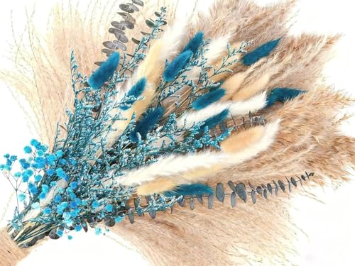 Blue Pampas Grass Bouquet – Blue Dried Baby's Breath, Pampas Grass and Eucalyptus Stems, Dried Flower Arrangements for Boho Decor, Rustic Flowers for Home Decor, Bedroom, and Wedding, Table Decor