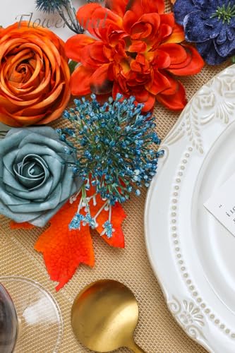Floweroyal Artificial Flowers Combo Orange Flowers Mix Silk Flowers Dahlia Roses with Stems for DIY Wedding Bridal Bouquets, Baby Shower, Floral Arrangement, Table Centerpieces, Home Decorations. - color: Autumn Orange & Blue