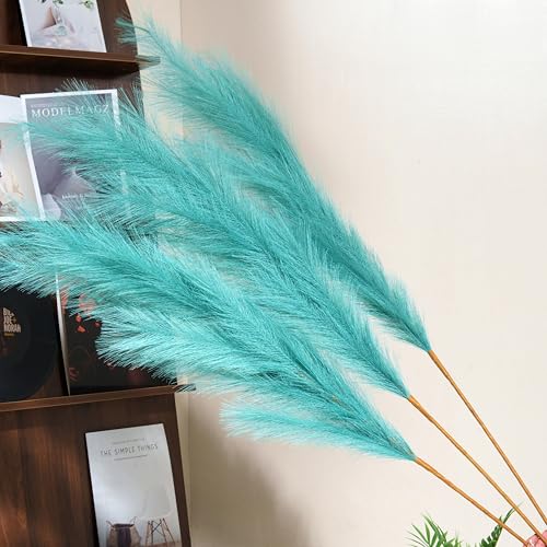 Premium Faux Teal Pampas Grass Decor 8pcs 43.3″ 110cm– Peacock Teal Tall Fluffy Feather Flowers, No Assembly 18-Branch One-Piece Stems for Boho Wedding & Coastal Home Decor, Floor Vase Accent - color: Faux Teal, size: 8pcs 43.3"(110cm)