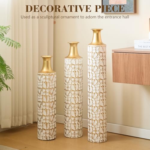 Tall Floor Vases Set of 3 for Decor Living Room Floor, Gold and White Vases Home Decor, Embossed Body Pattern, 32.3" H/28 H/24 H Geometric Cylinder (Gold 1) - color: Gold 1