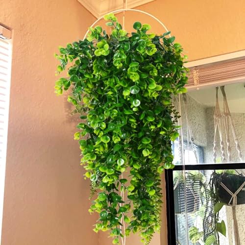 6pcs Artificial Hanging Plants Fake Hanging Plant Faux Eucalyptus Leaf Greenery Vine Outdoor UV Resistant Plastic Plants (6, Green) - color: Green