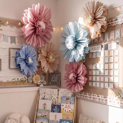 Giegxin 6 Pcs 31.5", 24" Boho Giant Paper Flowers Back to School Bulletin Board Decoration Large Pink Blue Classroom Tissue Flowers for Wall DIY Photo Backdrop Classroom First Day of School Party - color: Blue,Pink,Brown, size: 31.5", 24"