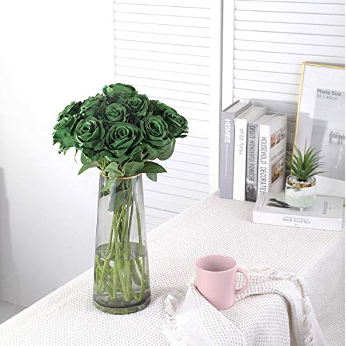 Nubry Artificial Silk Rose Flower Bouquet Lifelike Fake Rose for Wedding Home Party Decoration Event Gift 10pcs (Dark Green) - color: Dark Green