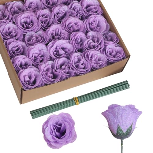 Artificial Roses with Stems,30PCS Glitter Roses Bouquet Lilac Flowers for Wedding Bouquet Party Christmas Home Decor(Lilac) - color: Lilac