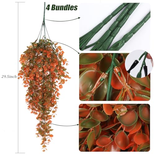 RECUTMS 4 Pcs Fake Fall Eucalyptus Hanging Plants 29.9Inch Artificial Fall Baskets UV Resistant Plastic Greenery for Outdoor Home Room Garden Farmhouse Front Porch Wall Thanksgiving Party Indoor Decor - color: Orange