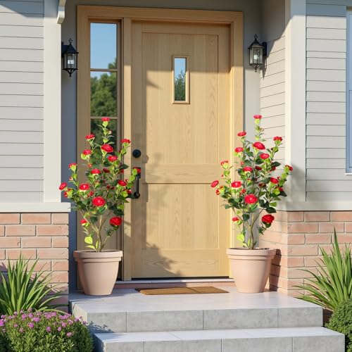 4FT Artificial Camellia Tree with Red Flowers, Faux Hydrangea Tree in Pot for Indoor & Outdoor Decor, UV Resistant Fake Plant for Home, Porch, or Office Decoration (2, Red) - color: Red 4ft X2