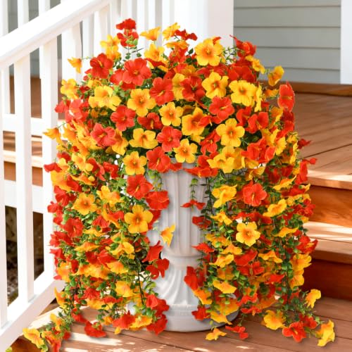 INQCMY Artificial Fake Flowers Plants for Outdoor Fall Decoration,2 PCS Faux Silk Morning Glory with Eucalyptus Leaves,UV Resistant Realistic Outdoor Flowers for Balcony Porch Patio Yard Garden - color: Orange Golden Yellow