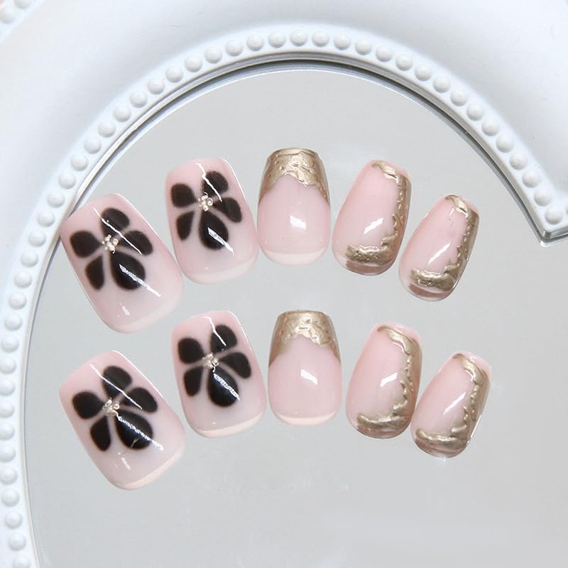 Fall Press on Nails Brown Flower Fake Nails French Tip False Nails with Gold French Designs Autumn Square Glue on Nails Thanksgiving Stick on Nail Cute Acrylic Nail Full Cover Glossy Artificial