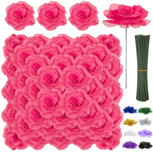 Hot Pink Rose Head Flowers with Long Stem, 108pcs Fuchsia Rose Artificial Flowers Bulk,Silk Rose Fake Flower for Wedding Bouquet Party Home DIY Baby Shower Centerpieces Tables Arrangement Decoration - color: Deep Pink