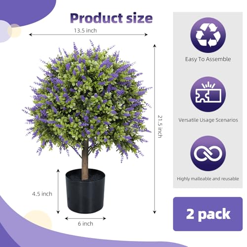 Artificial Lavender Topiary Ball Trees, 2 Set of UV Resistant Fake Evergreen Shrubs Bushes Plants, Faux Bushes for Outdoor Indoor Front Porch Garden Yard - color: Lavender, size: with Pot