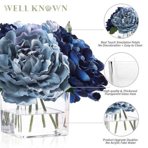 Artificial Peonies Flowers Arrangements in Cube Glass Vase, WELLKNOWN Silk Flower Centerpieces for Dining Room Table, Coffee Table Decor, Faux Peony Flowers with Faux Water (Bicolor Blue) - color: Bicolor Blue