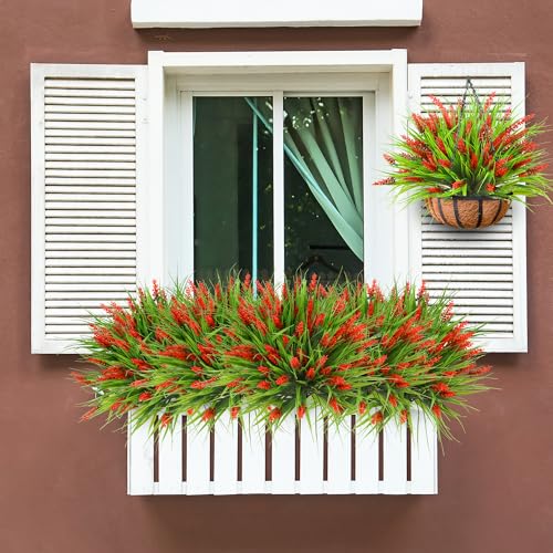 Sggvecsy 12 Bundles Artificial Plants Outdoor Faux Lavender Flowers Fake Monkey Grass UV Resistant Plastic Greenery Plants for Garden Home Porch Window Patio Hanging Planter Indoor Decor (Red) - color: Red, size: 12pcs