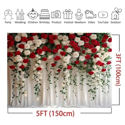 White and Red Rose Floral Theme Backdrops Rose Flowers Vine Leaves Photography Background Bridal Shower Wedding Reception Ceremony Portrait Photo Background(B, 5 * 3feet) - color: B, size: 5*3feet
