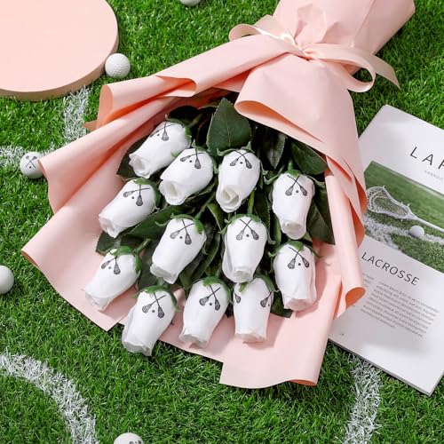 Suhine 12 Pcs Artificial Lacrosse Rose Flowers Sports Party Favors Bulk for Birthday Graduation Wedding Party Decorations Table Centerpieces Game Prizes Senior Night Team Gifts(Lacrosse Color, Normal) - color: Hockey Color, size: Normal