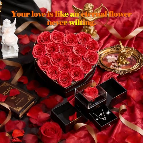 Artificial Forever Preserved Flowers Box & Preserved Roses with Necklace Ring Earrings,Gifts for Mom Grandma Women Girlfriend Wife on Birthday Mothers Day Valentines Christmas Anniversary Wedding