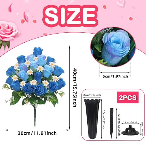 Wocst Artificial Cemetery Flowers for Grave Memorial Day Flowers for Cemetery,2Pack Artificial Silk Roses Daisy Bouquets with Cemetery Vases for Outdoor Grave Decorations ﻿ (Blue) - color: Blue