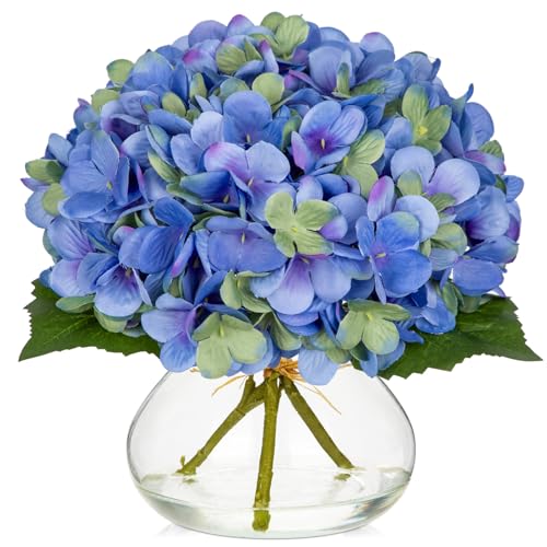 Hollyone Hydrangea Artificial Flowers with Glass Vase Blue-Green Silk Faux Flowers Arrangements in Vase with Faux Water Fake Floral Bulk Bouquet for Home Decor Table Centerpiece Decorations - color: Hydrangea, Blue-green