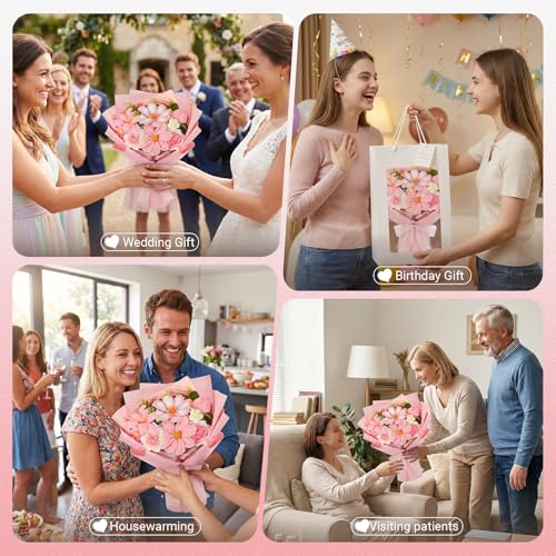 Crochet Flower Bouquet, Pink Handmade Knitted Flowers with Lights & Vase, Crochet Tulips Galsang Liliy Rose Daisy Flower for Mothers Day Graduation Wedding Lover Teacher Anniversary Birthday Gifts - color: Pink