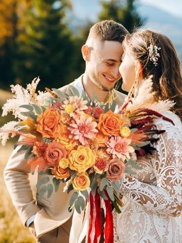 Artificial Flowers Combo Box Orange Fake Roses Silk Flowers with Stems Dahlia for DIY Cake Wedding Bridal Bouquets,Floral Arrangement,Table Centerpieces,Baby Shower,Home Party Decorations - color: Orange2