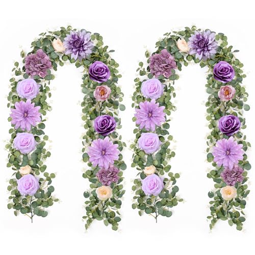 Waipfaru 2 Pcs Flower Garland, 6Ft Eucalyptus Garland with Flowers, Rose Floral Vines for Wedding Reception Table Mantle Room Spring Summer Decor (Purple) - color: Purple-6.07ft, size: 2 Pack