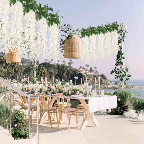RECUTMS Artificial Lilac Flowers Garland 8Pcs-24Branches 33.5in Fake Syringa Wisteria Vines Faux Silk Lilac Hanging Floral Decoration for Indoor Outdoor Wedding Arch Birthday Party Garden (White) - color: White