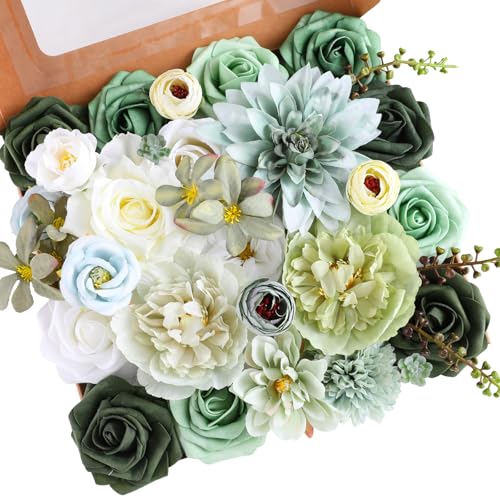 Kisflower Green Artificial Flowers Combo Cake Flowers Decorations Fake Hydrangea Dahlia Silk Roses Gift Box for DIY Wedding Bridal Bouquet Centerpieces Arrangements Party Holiday Decor (Forest Green) - color: Forest Green