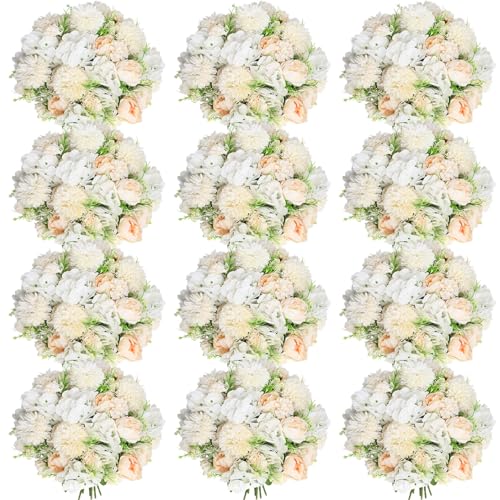 Tigeen Artificial Flowers Artificial Peonies Silk Flowers Faux Peony Fake Peony Silk Hydrangea Bouquet for Wedding Table Centerpiece Floral Vase Decor(Champagne White,12 Bundles) - color: Champagne White