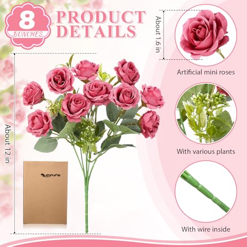 Zeyune 8 Pack Artificial Mini Pastel Pink Roses, 12 Inch Fake Flowers with Stems, 80 Small 1.6 Inch Flower Heads, Silk Mini Rose Bouquets for Wedding Centerpieces, Bridal Bouquets, Home Party Decor - color: Pastel Pink