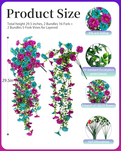 Cascading Fake Hanging Flowers for Outdoors,Realistic Artificial Hanging Plants Yard Decorations,4 Bundles UV Resistant NO Fade Silk Colorful Morning Glory for Outside Garden Planter Front Porch Decor - color: Teal+purple