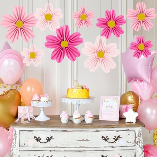 YUNXUAN Pink Party Decorations Paper Fan Paper Flowers Decorations for Wall Flower Backdrop Classroom Baby Shower Birthday Flower Wall Decor Pack of 9 Pink - color: Pink