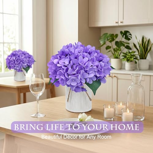 Flower Table Centerpieces - Set of 6 Floral Arrangement Artificial Wedding Hydrangeas Floral Arrangement with Rustic Metal Vase for Bridal Tea Party Event Decorations - Deep Purple - color: Deep Purple