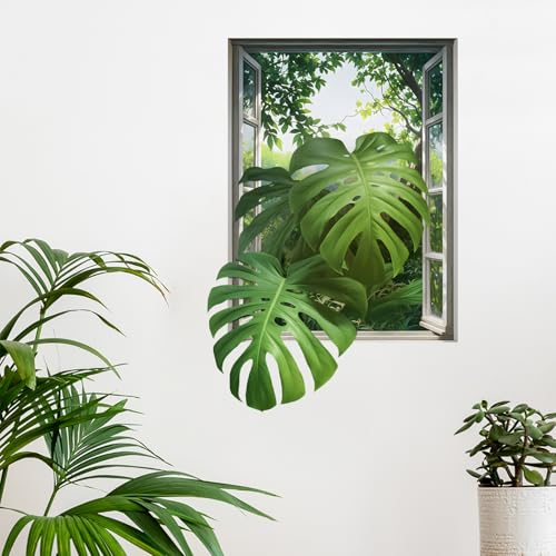 3D Monstera Leaves Fake Window Wall Stickers for Living Room Green Plants Jungle View Wall Decals Removable Peel and Stick Wall Art Home Decor Decoration for Bedroom Bathroom Classroom Library