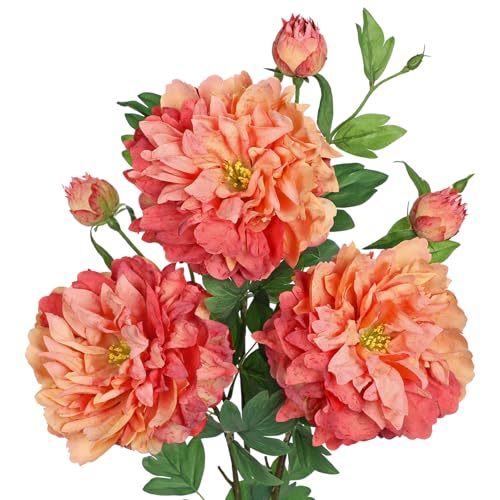 Orange Peonies Artificial Flowers 3Pcs Fall Flowers for Fall Decoration 27.5" Real Touch Silk Faux Peony Flower with Long Stems for Home Autumn Floral Arrangement Vase Table Centerpieces Bouquet Decor - color: Orange-red Peony
