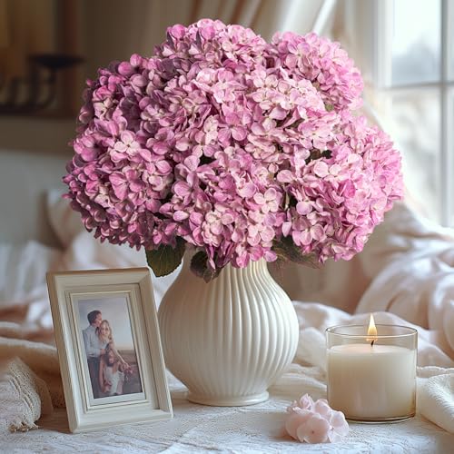 Artificial Flower Fake Silk Hydrangea Heads Bouquet with Stems Bulk for Fall Decoration Table Center Christmas Indoor Outdoor Faux Floral Realistic with Leaves Plants Crafts 8PCS(Pink) - color: Pink