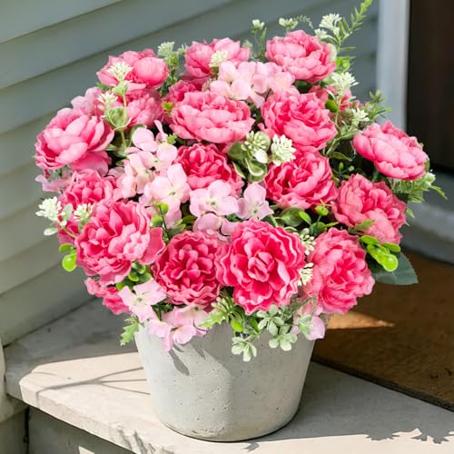 6 Bundles Peonies Artificial Flowers for Outdoors UV Resistant Faux Peony with Hydrangea Fake Flowers Silk Flowers for Outside Front Porch Garden Window Box Planters Decor (Pink) - color: Pink