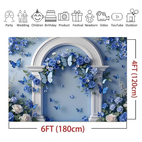 Blue Flowers Butterfly White Arched Doorway Backdrops Light Blue Background Rose and Green Leaves Wedding Photography Backdrop Bridal Shower Wedding Anniversary Decorations Backdrop (A, 6 * 4feet) - color: A, size: 6*4feet