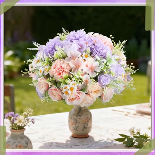 Tigeen 6 Bundles Artificial Bouquet Flowers Artificial Peonies Faux Roses Hydrangea Flowers Bouquet for Wedding Table Centerpiece Floral Vase Decor (Pink,Purple) - color: Pink,purple