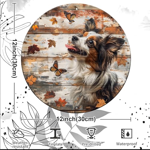 Vintage Papillon Dog Round Metal Sign Papillon Fall Sign Wall Art Rustic Dog Wreath Wall Decoration for Indoor Outdoor Home Porch Window Decor 12 Inch - color: Thanksgiving 6, size: 12 inches