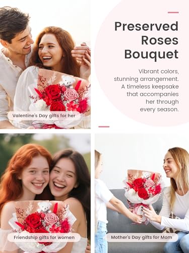 Polylove Forever Flower Bouquet Flowers for Delivery Prime Preserved Roses with Bear Gift Box for Wife Women Mother Day Anniversary Birthday (Red) - color: Red