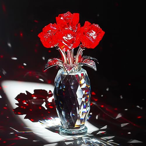 Red Crystal Rose Flower Figurine with Base,Glass Flower Bouquet Gifts for Women Girlfriend Wife,Handmade Crystal Flower Collectible Home Table Decor for Christmas Day Wedding Anniversary - color: Red 2