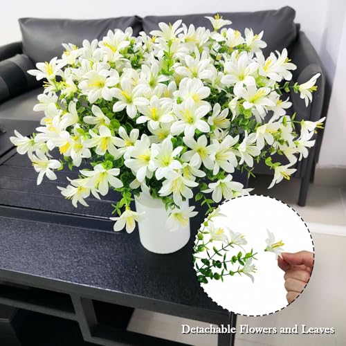 8 Bundles Artificial Flowers Lily, UV Resistant Silk Fake Flowers Bouquet for Home Hotel Flower Arrangement Party Wedding Decor, White - color: White