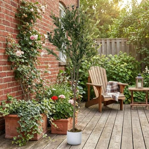 OUTLANE 4.3 FT Artificial Olive Tree with 44 Realistic Fruits, Faux Potted Plant for Indoor and Outdoor, Tall Fake Tree for Living Room, Office, Porch, Patio & Modern Farmhouse Decor - size: 5in