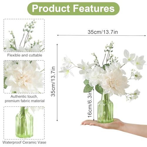 Faux Flowers with Vase,Small Artificial Silk Roses in Vase, Fake Plant Eucalyptus Flower Arrangement for Home Office Decoration, Living Room and Dining Table Centerpiece - color: White