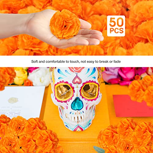 Hommtina 50 Pcs Marigold Flowers Silk Artificial Marigold Flowers, Mexican Flowers Decoration for Baby Shower Wedding Party Decoration Halloween Christmas New Year Decor - color: Orange