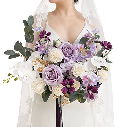 Ling's moment Purple Bridal Bouquet, 15 Inch Lilac Wedding Bouquets for Bride, Silk Free Form Bridal Bouquets for Wedding, Ceremony, Anniversary, etc. - color: Prpl-gold & Lilac, size: Medium 15 Inch