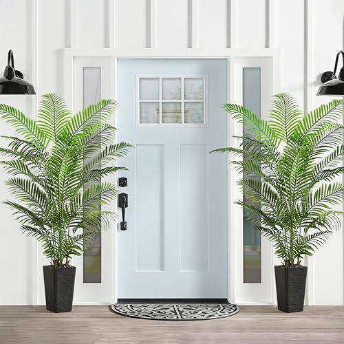 Artificial Palm Tree Indoor, 6FT Fake Floor Plants Large Tropical Silk Plant with Black Square Planter, Faux Areca Palm Plant Artificial Tree in Pot for Home Room Office Outdoor Patio Decor