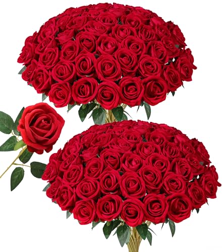 HyeFlora 50 PCS Red Roses Artificial Flowers, Fake Roses with Stems Realistic Silk Roses for DIY Wedding Bouquets Tables Centerpieces Arrangements Party Baby Shower Birthday Home Decor Gift for Her - color: Red
