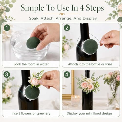 Floral Foam Holder for Fresh Flowers, Mini Half Ball Flower Foam with Base, Florist Foam for Wine Bottle Vase Decor, Dry Artificial Flower Supplies (12Pcs+1Wire+Ribbon)